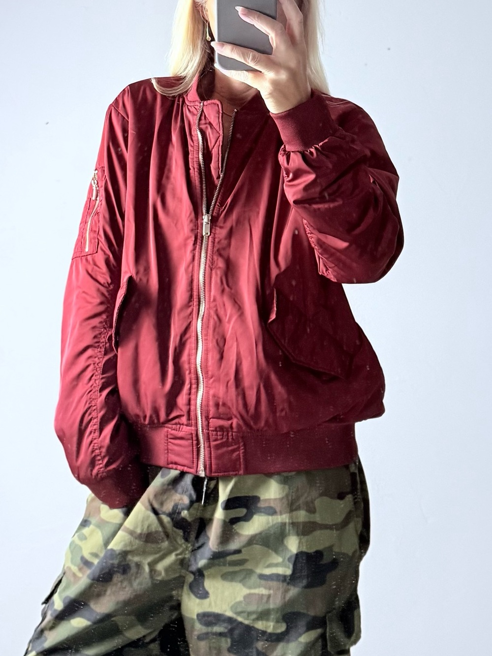 H&M Burgundy Satin Bomber Jacket with Zip